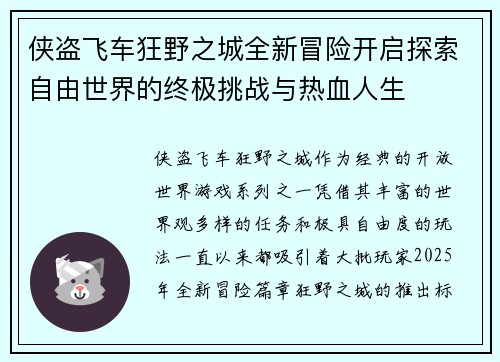侠盗飞车狂野之城全新冒险开启探索自由世界的终极挑战与热血人生