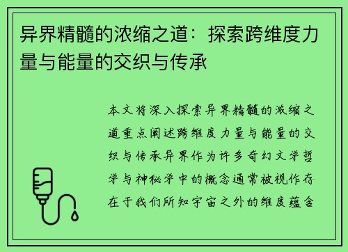 异界精髓的浓缩之道：探索跨维度力量与能量的交织与传承